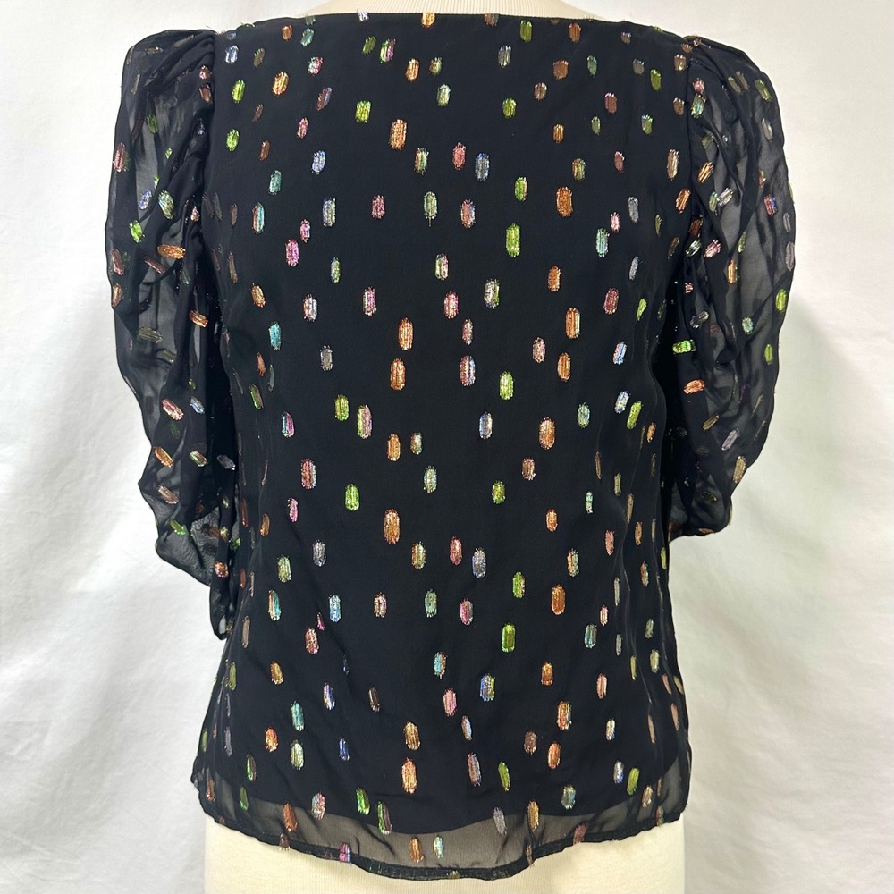 EVA FRANCO Black Rainbow Metallic Tosca Polka Dot Puff Sleeve Juliette Top Sz 0